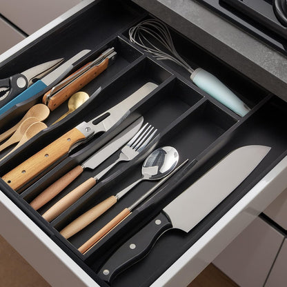 Bamboo Expandable Kitchen Drawer Organizer - Adjustable Cutlery Tray for Utensils & Flatware | Black