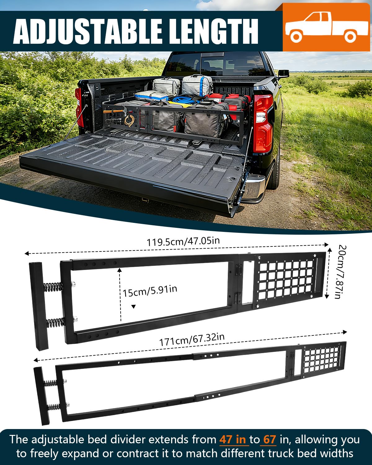 NORTHYUN Adjustable Truck Bed Divider 47–67 in, Foldable Aluminum Cargo Organizer with MOLLE Panel No-Drill Installation Fits Most Pickup Beds