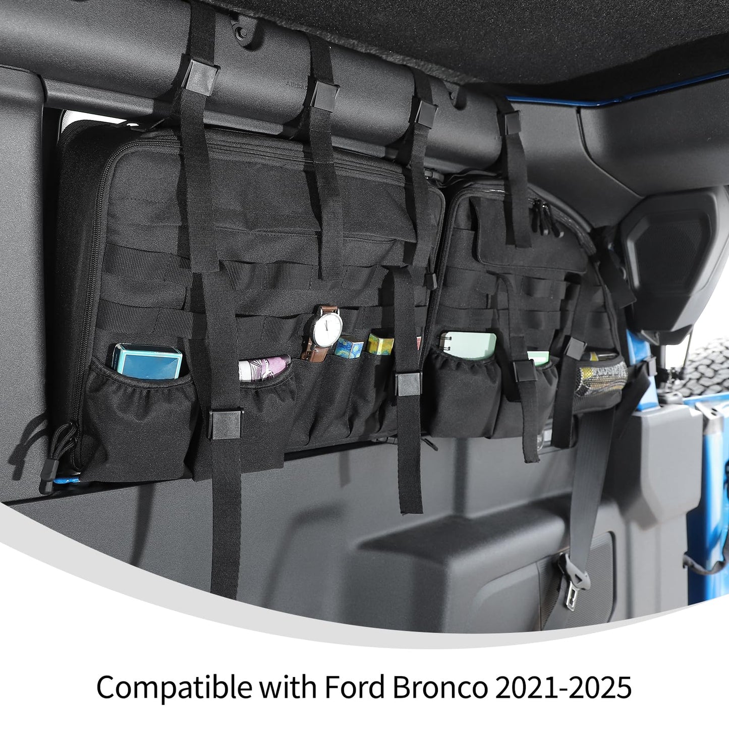 Linskip TrunkMate Roll Bar Organizer for Ford Bronco 2021-2025, Roll Bar Storage Bag for 2 Door Bronco Trunk Accessories, Durable Molle Webbing + Convenient Storage Pocket Piar