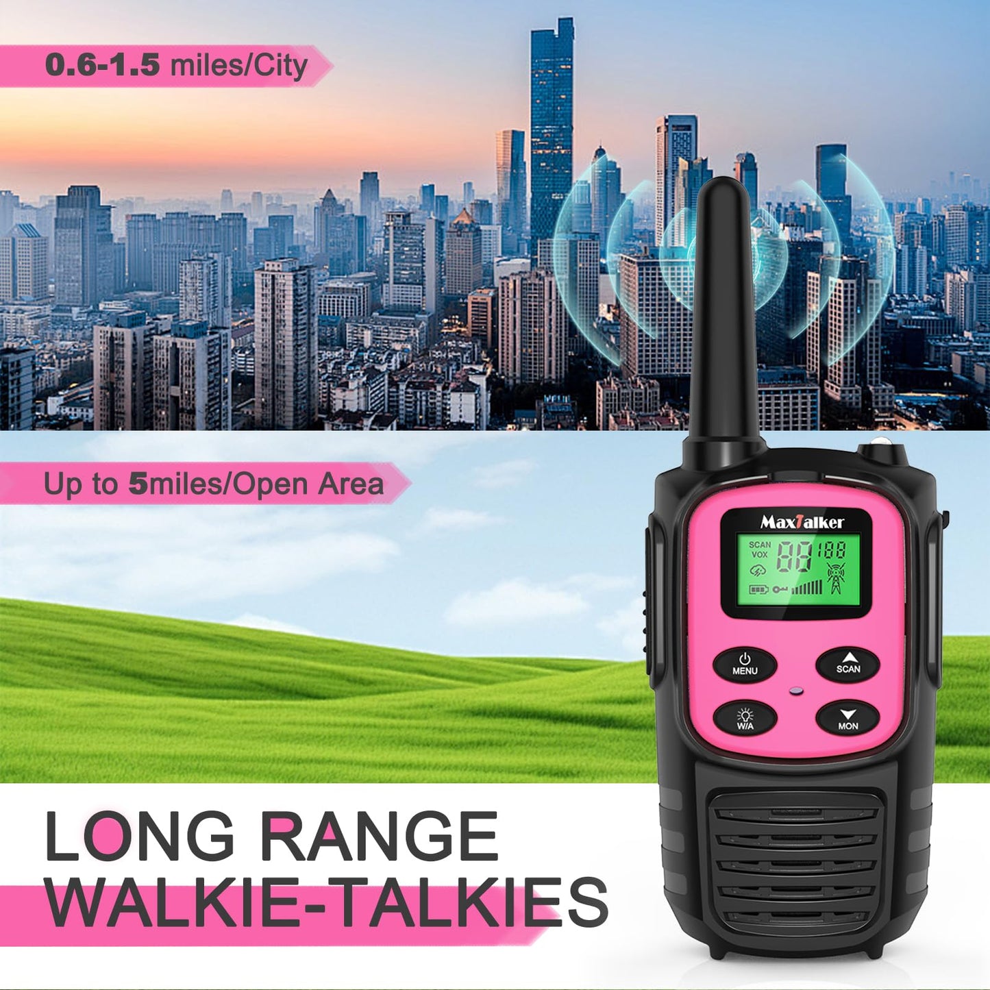 Walkie Talkies Long Range for Adult, MT10 Rechargeable Walkie Talkies FRS Two Way Radio, NOAA, 1200mAh Li-ion Battery USB-C Cable, LED Flashlight, VOX Walkie Talkie for Hiking Camping 2Pack