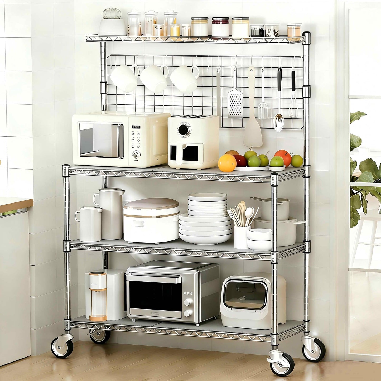 Leteuke Bakers Rack with Storage & Wheels, 42 Inch Microwave Stand Kitchen Shelves, 4-Tier Heavy Duty Storage Rack with 20 S-Hooks, Commercial Metal Utility Kitchen Cart, 42× 18× 63 Inch, Chrome