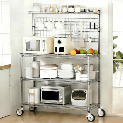 Leteuke Bakers Rack with Storage & Wheels, 42 Inch Microwave Stand Kitchen Shelves, 4-Tier Heavy Duty Storage Rack with 20 S-Hooks, Commercial Metal Utility Kitchen Cart, 42× 18× 63 Inch, Chrome