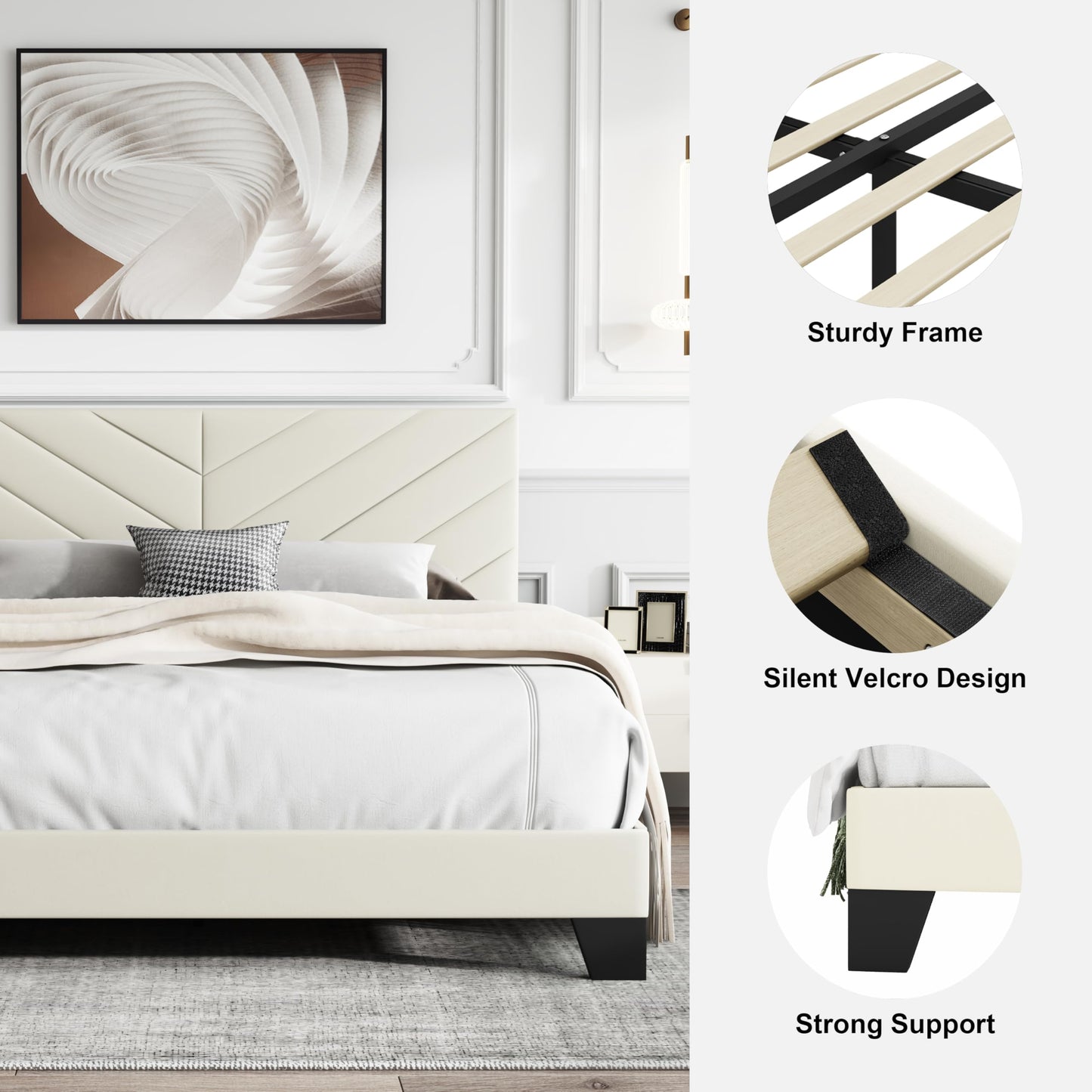 IOILORI Full Size Bed Frame Platform with Upholstered Headboard, Sturdy Wooden Slats, Noiseless, No Springs Required, Easy to Assemble Beige