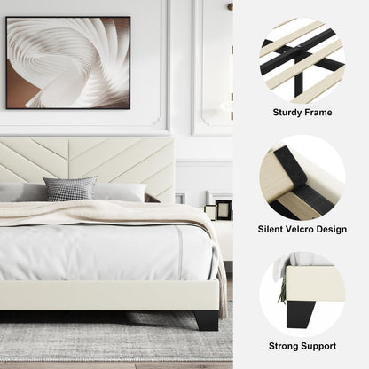 IOILORI Full Size Bed Frame Platform with Upholstered Headboard, Sturdy Wooden Slats, Noiseless, No Springs Required, Easy to Assemble Beige
