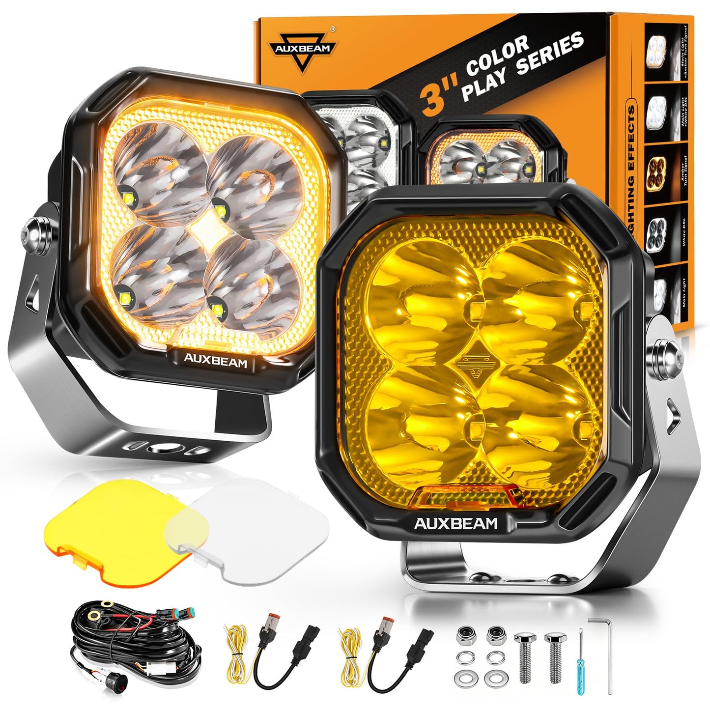 Auxbeam 3 Inch LED Pod Lights, Color Play Series Offroad Driving Light with White DRL & Amber Turn Signal, 11600LM 100W Fog Spot Light, Auxiliary Ditch Lights for Truck Jeep ATV UTV with Covers