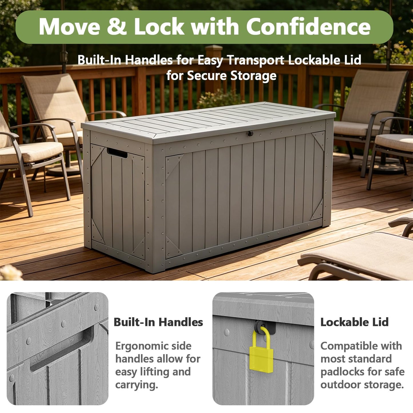 MAKE CHANGES Outdoor Storage Box, 95 Gallon Deck Box Outdoor Storage Bench, Outside Waterproof Resin Storage Bench, Lockable Patio Cushions, Garden Tools Storage for Furniture, UV Resistant (Gray)