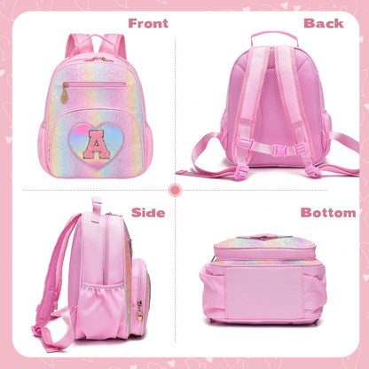I IHAYNER Glitter Kids Backpack for School Travel & Daycare, Cute Pink Backpack with Initial, Lightweight Preschool Elementary Backpack for Girls, Personalized Gifts for Toddler & Little Girls