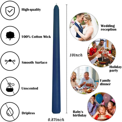 8 Pack 10 Inch Navy-Blue Smooth Taper Candle Set, 7/8 Inch Unscented Driples Candlesticks for Home Decoration, 6-7 Hours Burn