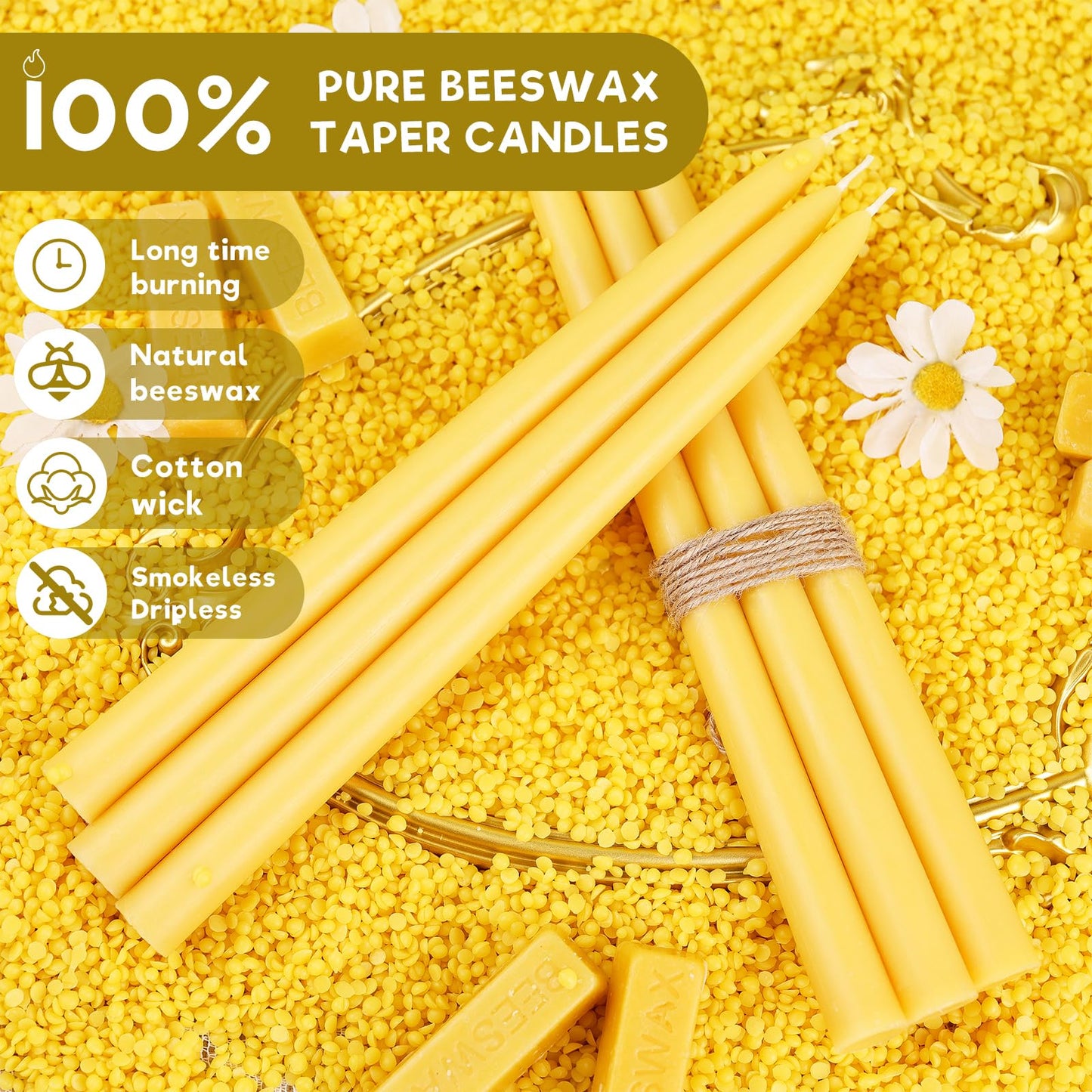 12 Inch Beeswax Taper Candles, 12 Pack Natural Beeswax Candlesticks 12 Hour Extra-Long Burning Time Tapered Beeswax Candle Sticks Smokeless Unscented Emergency Candles Bees Wax Candle for Home Prayer