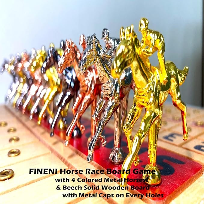 Horse Racing Game for Adults Horse Race Board Game with 11 Luxurious Metal Horses (Gold Silver Black Rose Gold) 22” Beech Wood Horse Race Game Board Dice &amp Golden Card Included (Beech)