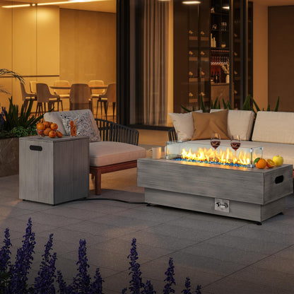 IRONCK 43-inch Outdoor Propane Fire Pit Table w Tank Table, CSA Certified, 2 in 1 Rectangular Patio Fire Pit w Glass Rocks, Wind Guard and Cover, 50000 BTU Outside Heater for Pool, Vintage Gray