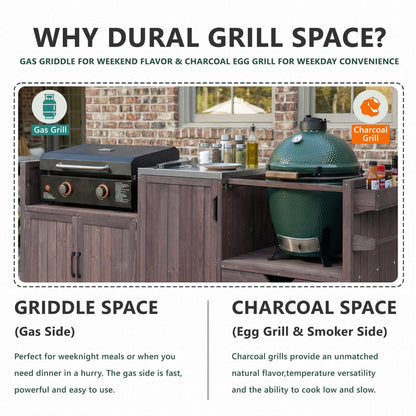 Merax 80.5" Outdoor Kitchen Island for Big Green Egg& Blackstone Griddle,Solid Wood Grill Cart Table with Stainless Steel Top,Drawer for Large Big Green Egg and 21"/28" Blackstone Griddle,Dark Brown