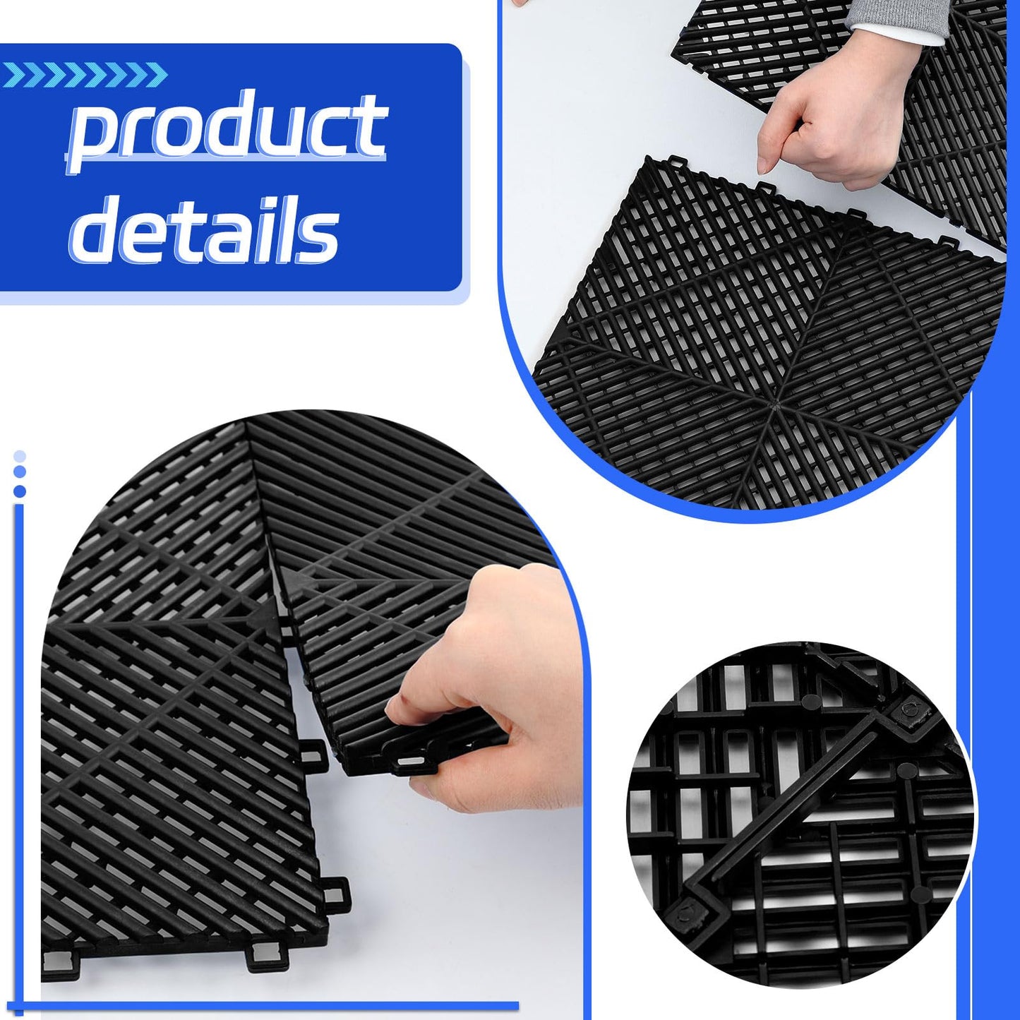 Barydat 72 Pcs 12'' x 12'' Garage Floor Tiles, Interlocking Drainage Flooring, Heavy Duty Non Slip Polypropylene, Easy Install for Garage Deck, Pool, Patio, Shower (Black)