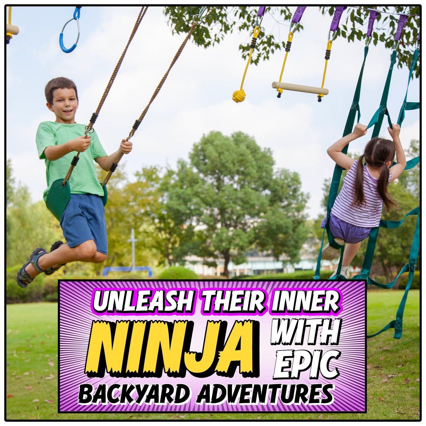 Trailblaze Ninja Warrior Obstacle Course for Kids - Ultimate Outdoor Fun 2x55 Ft Ninja Slackline Climbing Net Rope Ladder Trapeze Swing Monkey Bars - Durable and Safe Ninja Course for Kids Outside