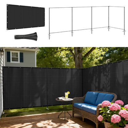 Windscreen4less Outdoor Privacy Fence Screen, 6'x24' Freestanding Privacy Fencing Set with Iron Poles and Ground Spikes, UV Resistant Mesh Cover Garden Pet Fencing for Backyard Patio Pool, Black