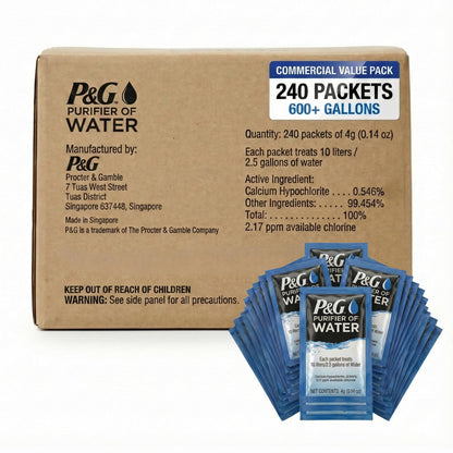 P&G Purifier of Water Portable Water Purifier Packets (240 Packets) - Emergency Water Filter Purification Powder for Emergency Kit, Survival, Camping, Hiking, Backpacking, and Disaster Preparedness