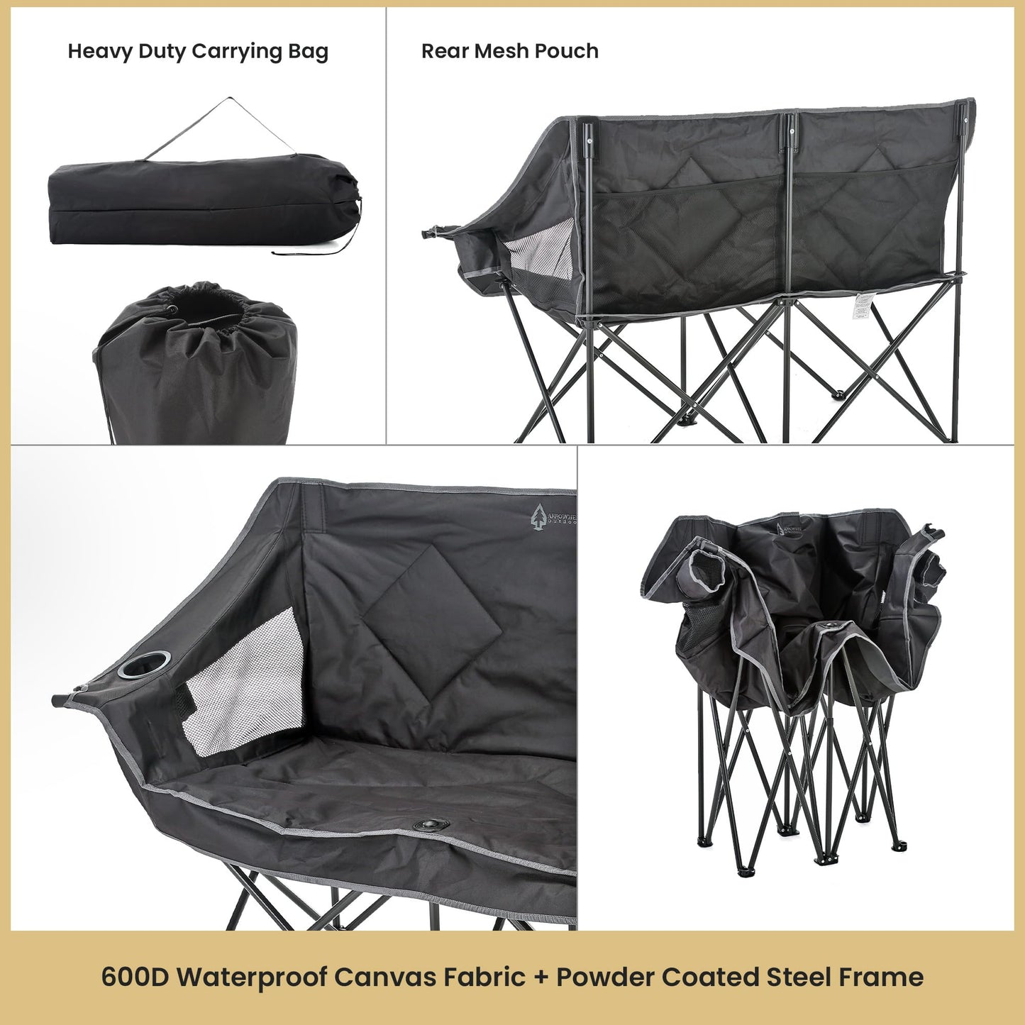ARROWHEAD OUTDOOR 2-Pack Portable Folding Double Duo Camping Chair Loveseat w/ 2 Cup & Wine Glass Holder, Carrying Bag, Supports up to 650lbs