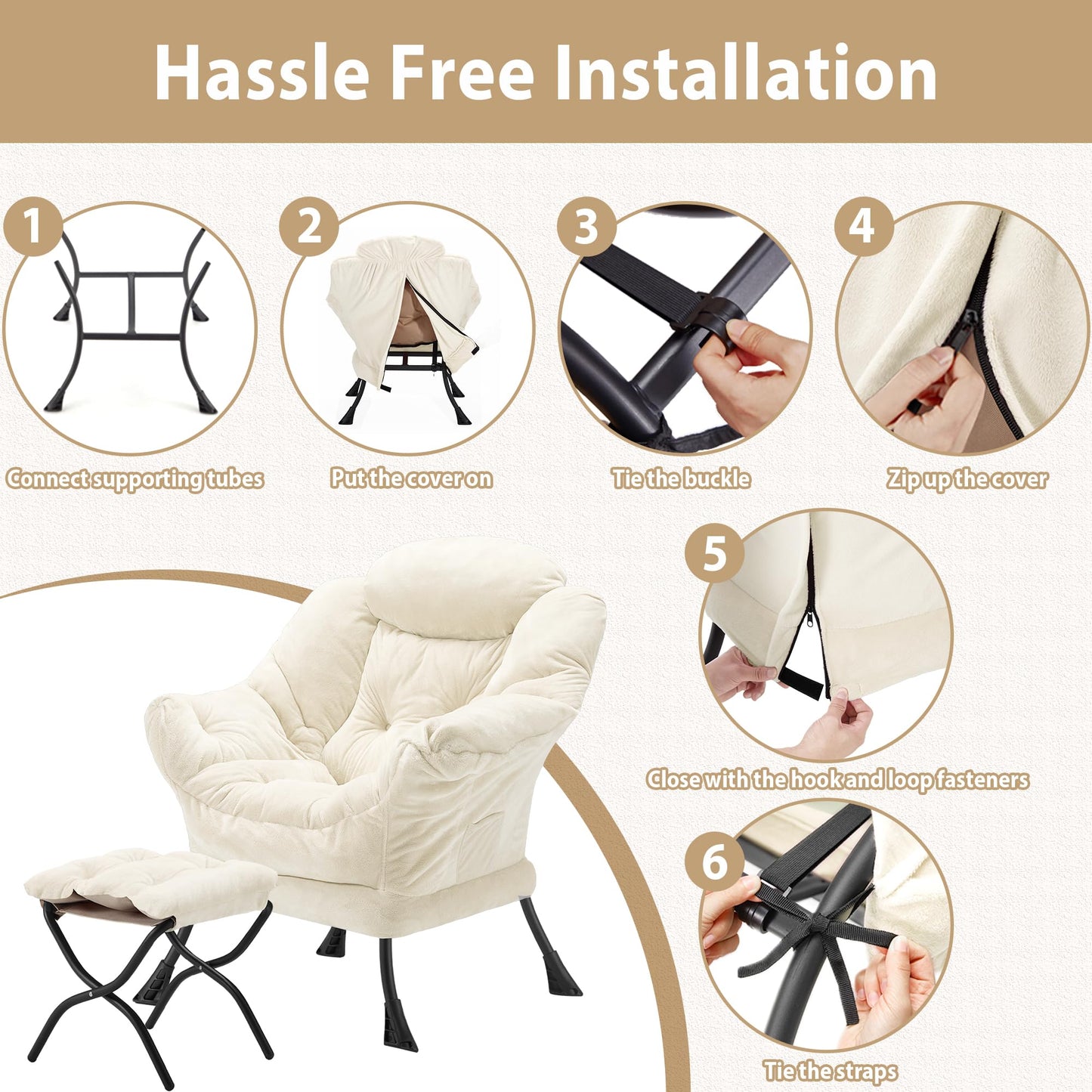 Youtanic Lazy Chair with Folding Ottoman, Accent Chair Plush Upholstered with Metal Structure and Non-Slip Pads, Sofa Armchair with Footrest and Side Storage Bag for Dorm, Room, Office, Beige