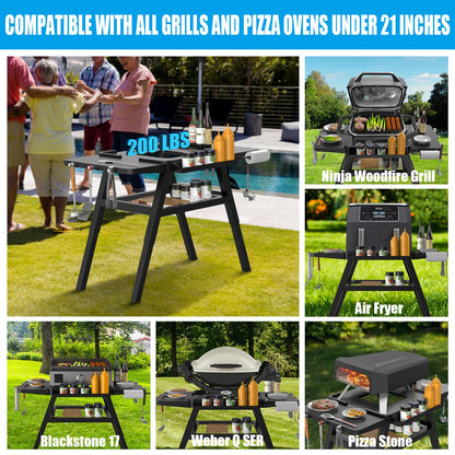 Grill Stand for Ninja Woodfire Outdoor Grills, Portable Adjustable Grill Cart Table for Ninja XSKUNSTAND OG700 OG800 OG900 OO101 Series & for Artisan MO201 Pizza Oven Stand Accessories with Shelves