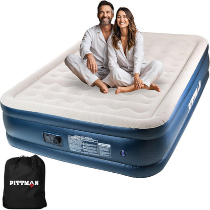 Pittman Outdoors Queen Air Mattress – 20” Deluxe Blue Double High, Queen Air Mattress with Built in Pump, 600lb Capacity, Portable Inflatable Bed with Carry Bag, Blow Up Mattress for Home & Travel