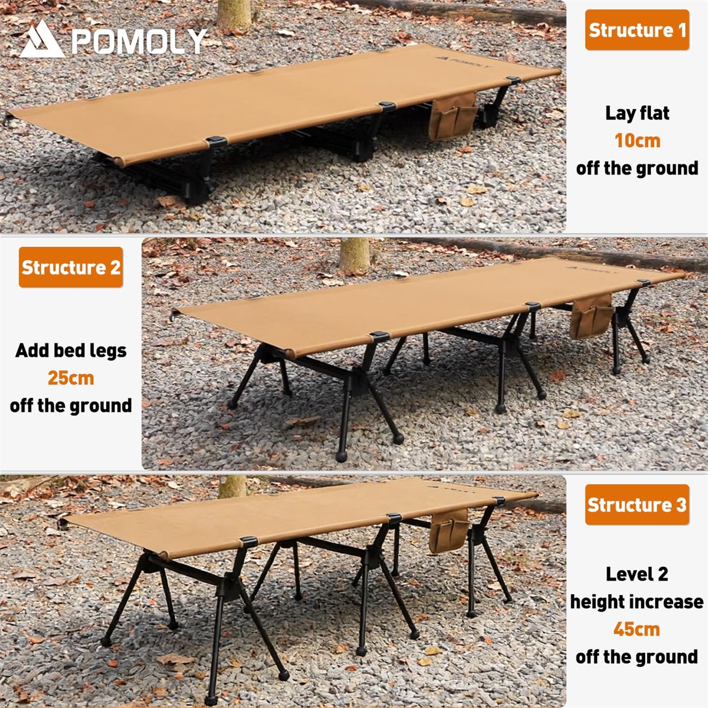 POMOLY Lightweight Camping Cot, 3-Level Height Adjustable Folding Bed for Adults, Portable Outdoor Heavy-Duty Reinforced Legs, 400 lbs Capacity, Military Army Ultralight Backpacking Hunting
