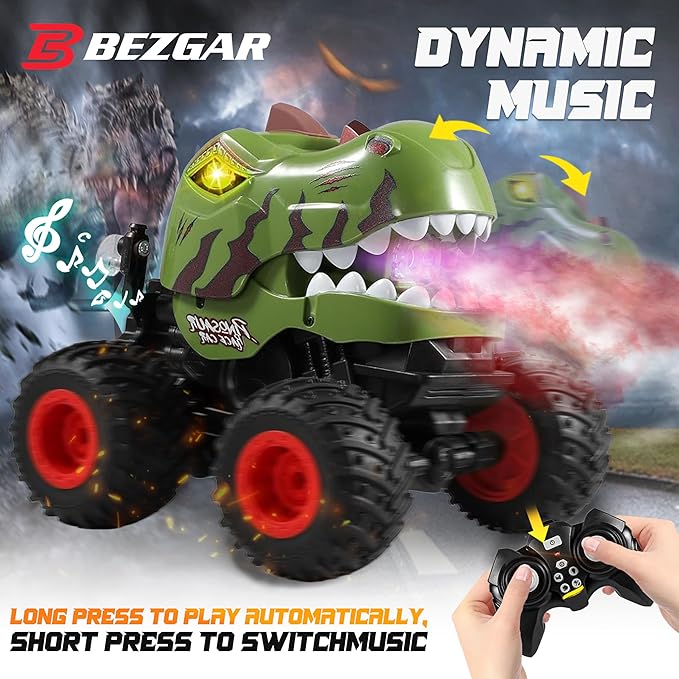 BEZGAR Monster Truck Toys - Remote Control Monster Truck with Spray Light Music Dinosaur Toys for Kids 1:20 Scale RC Truck with 360° Spins and Drifting Remote Control Car for Boys 4-7 Camo Green