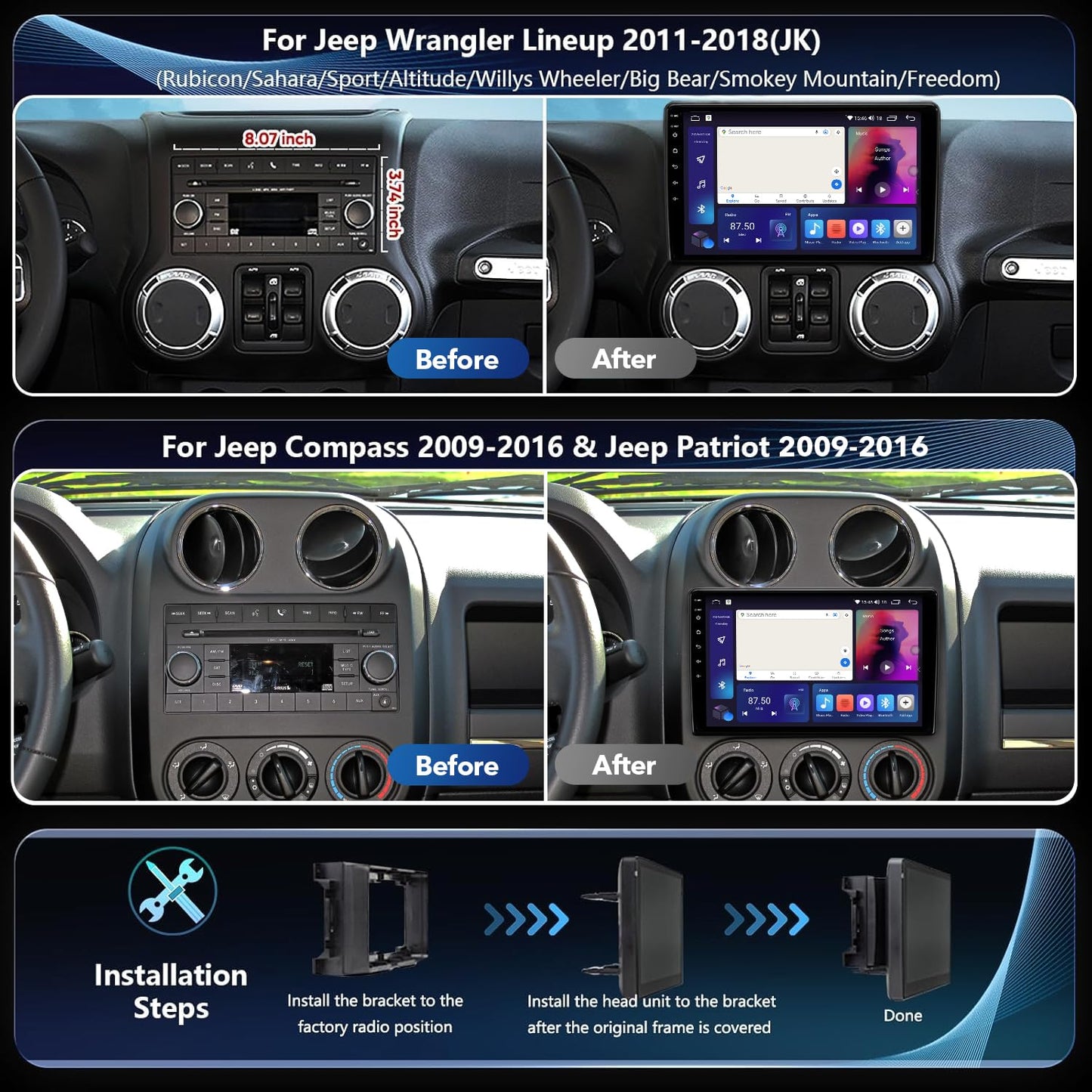 8Core 4+64GB Android 13 Car Radio Stereo for Jeep Wrangler JK Compass Grand Cherokee Dodge Ram, 10.2" QLED HD Touch Screen Head Unit with Carplay/Android Auto/5GHz WiFi/DSP/1080P Backup Camera/AM & FM