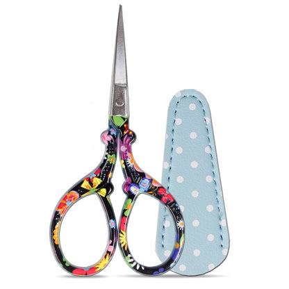 Hisuper Sewing scissors sharp scissors Embroidery Scissors Crafting Threading Scissors with Leather Scissors Cover for Needlework Craft Art Work Manual Sewing Handicraft DIY Tool Black Flower