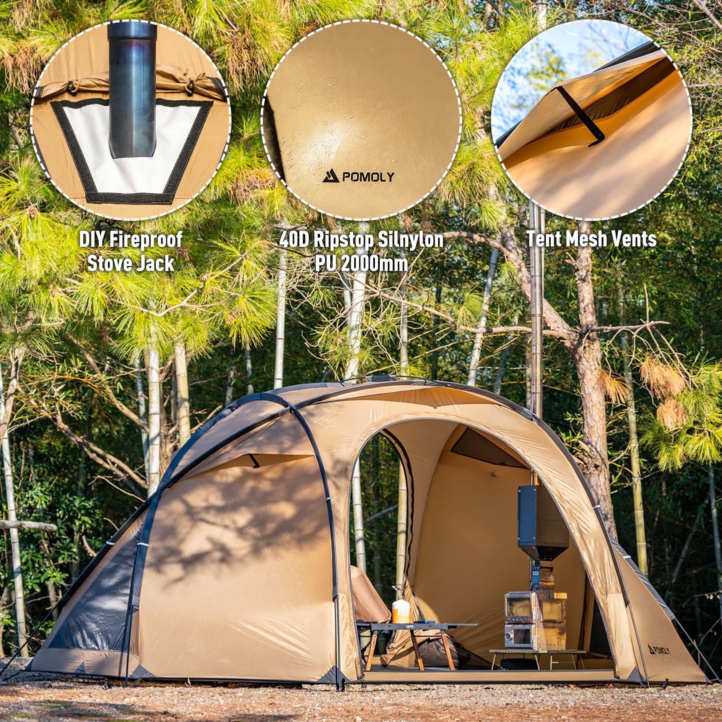 POMOLY Dome Tent Freestanding Camping Hot Tent, Barracuda 2 Portable Wood Stove Tents for 1-2 Person Backpacking, Hiking