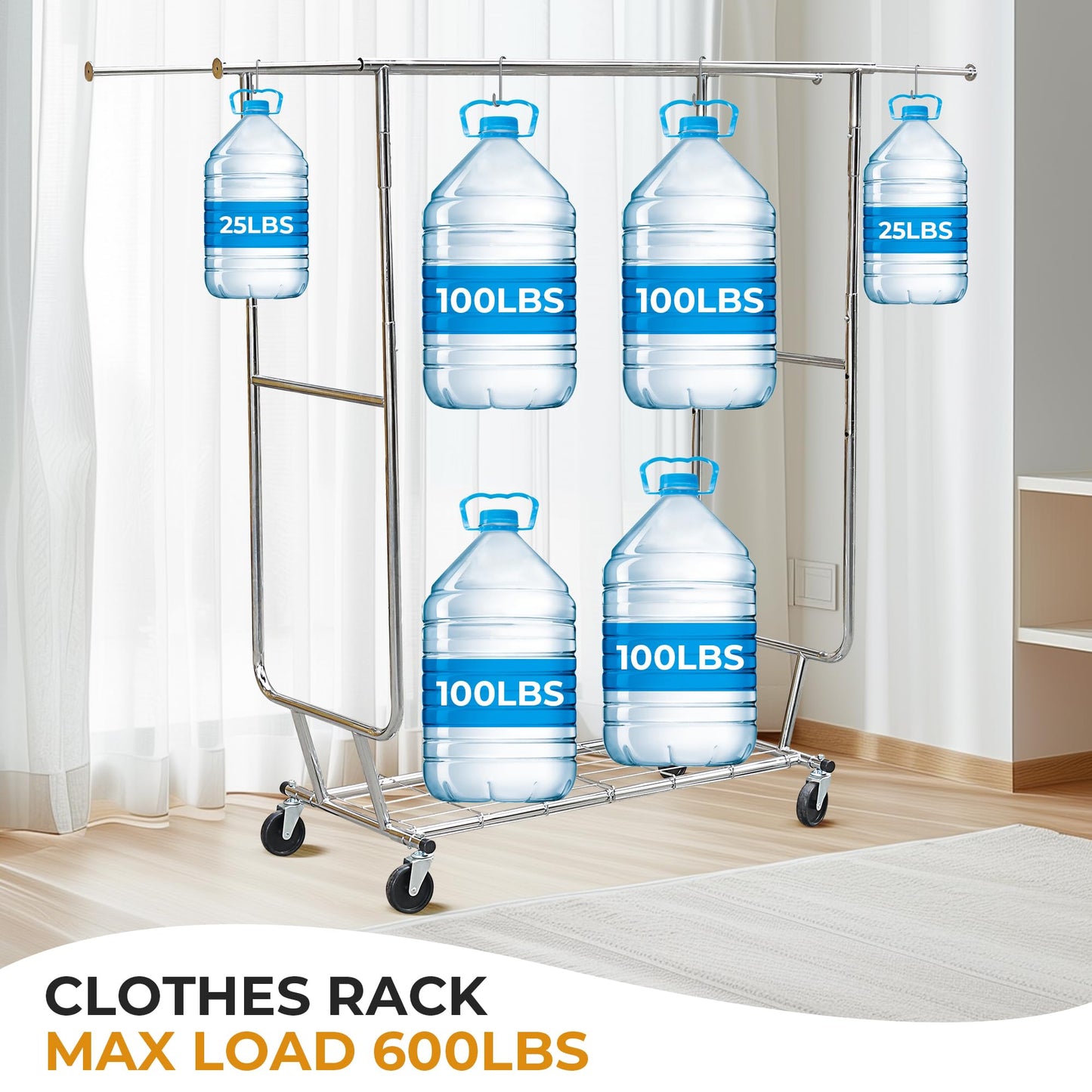 YJTTSMUL Double Rod Clothes Rack, Heavy Duty Rolling Clothing Rack With Shelves, Double Rod Clothing Racks for Hanging Clothes & Bags, Portable & Adjustable Clothes Rack with Wheels Garment Rack