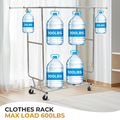 YJTTSMUL Double Rod Clothes Rack, Heavy Duty Rolling Clothing Rack With Shelves, Double Rod Clothing Racks for Hanging Clothes & Bags, Portable & Adjustable Clothes Rack with Wheels Garment Rack