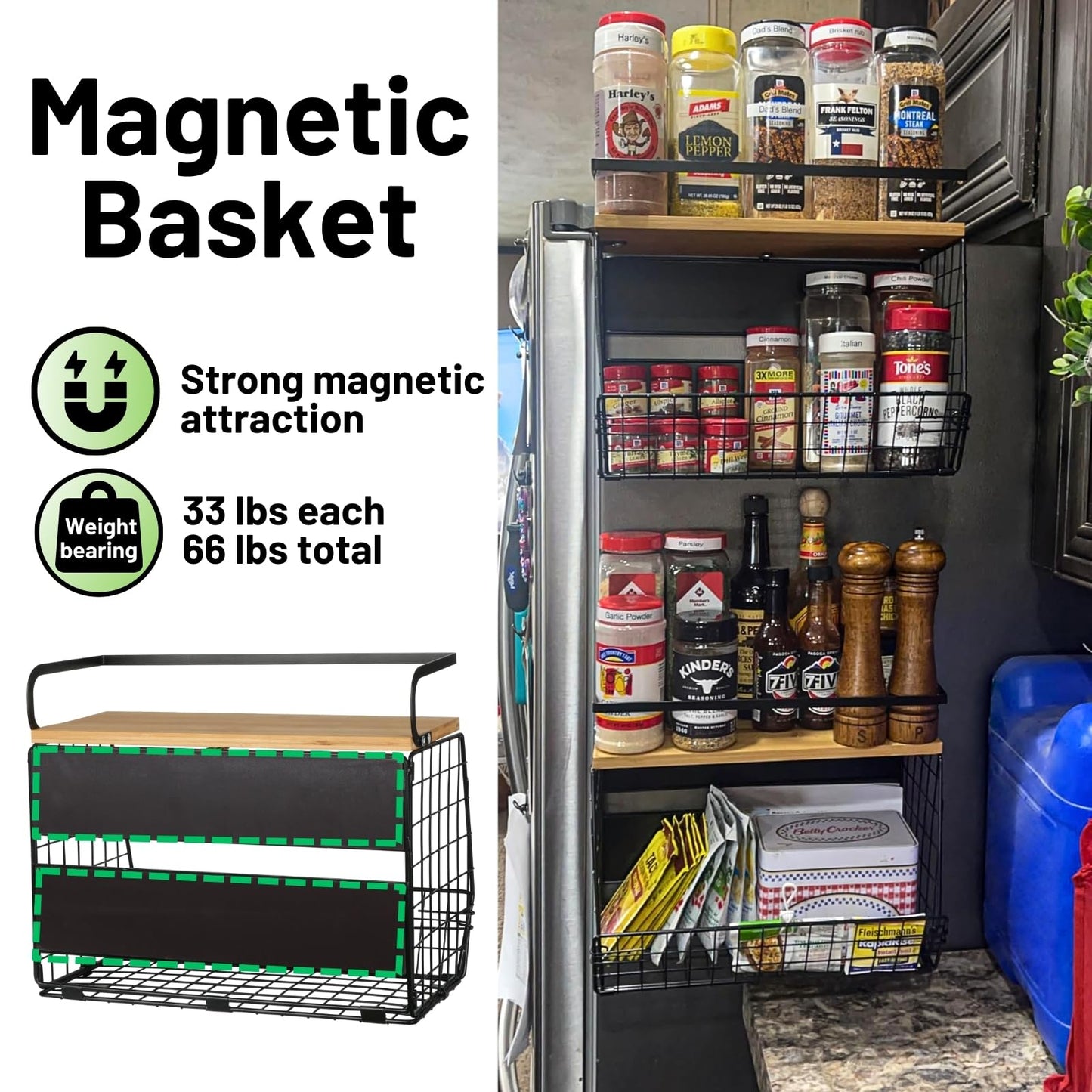 Ofiray-home Magnetic Shelf for Fridge with Wood Lid, Fruit Potato and Onion Storage Bins, Pantry Organizers & Storage, Large Container Magnetic Spice Rack for Refrigerator, Kitchen Counter, Cabinet