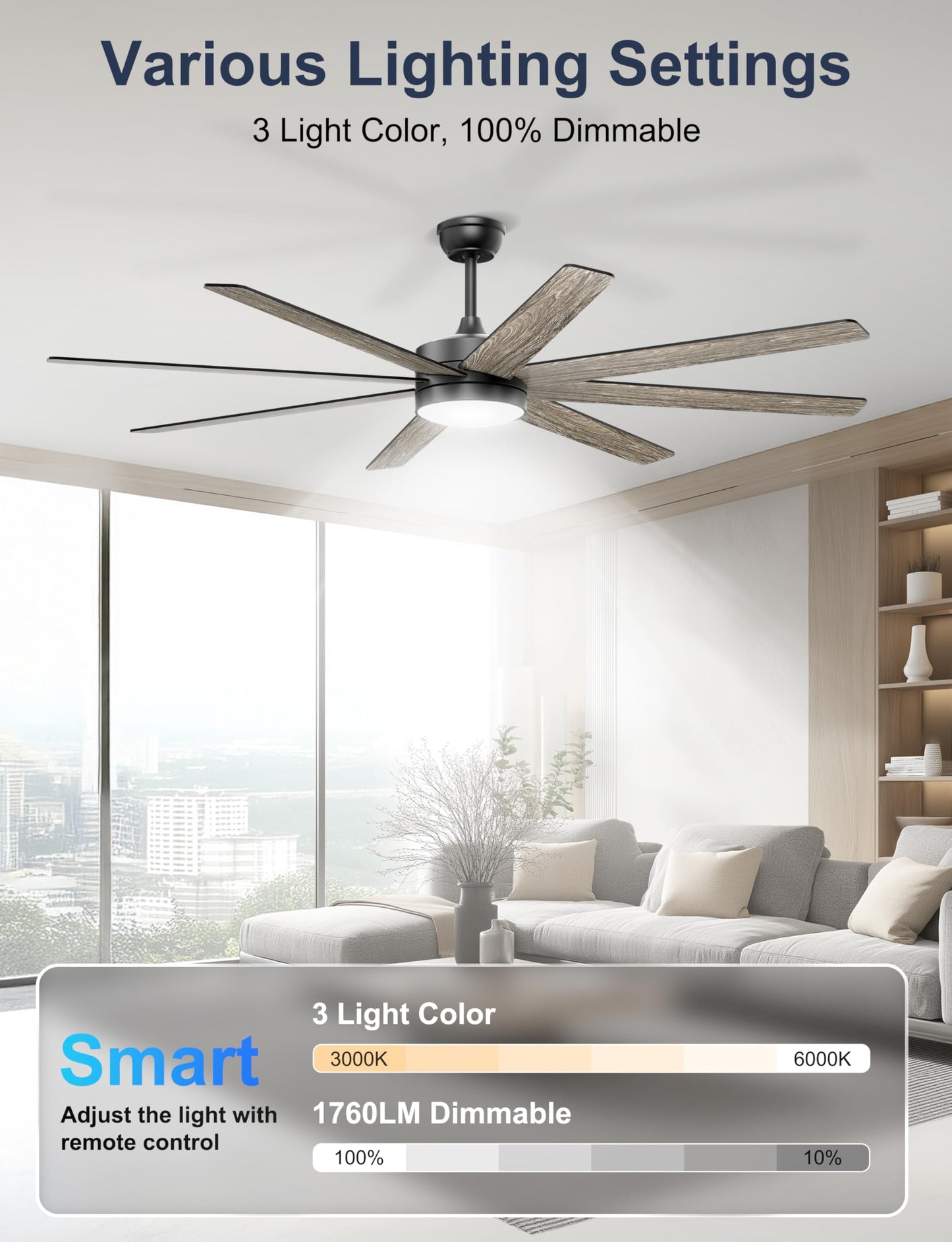 Phylluz 72'' Large Ceiling Fans with Lights, Modern Black Ceiling Fan Remote/APP Control, Dimmable, Quiet DC Motor Big Ceiling Fan for Indoor/Covered Outdoor
