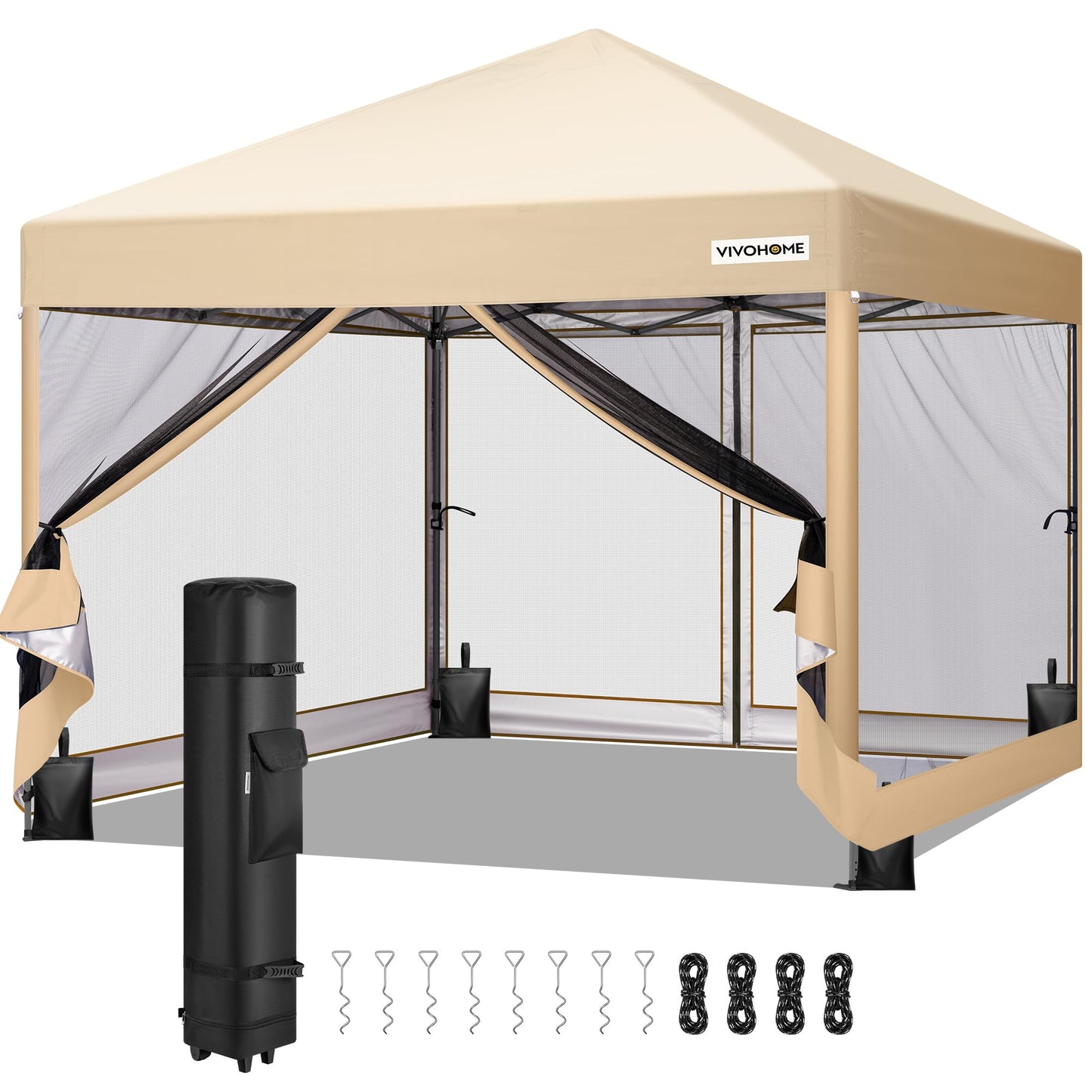 VIVOHOME 10x10ft Easy Pop-Up Canopy, Outdoor Screen Tent with Mosquito Netting, 2 Zipper Doors, and Roller Bag for Yard Camping Picnic Party Events, Beige
