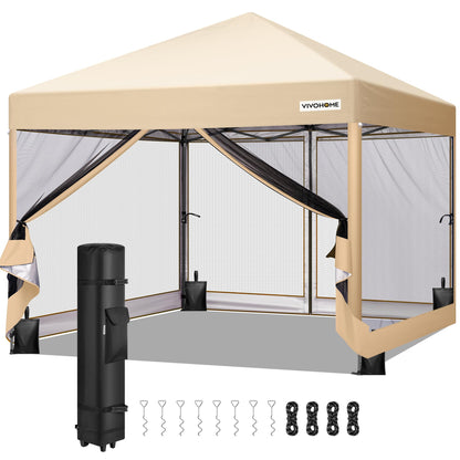 VIVOHOME 10x10ft Easy Pop-Up Canopy, Outdoor Screen Tent with Mosquito Netting, 2 Zipper Doors, and Roller Bag for Yard Camping Picnic Party Events, Beige