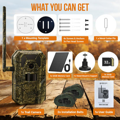 MagicEagle® Cellular Trail Camera 4G Wild Game Cameras 13,000 mAh Battery Solar Panel 2K Audible Video No-Glow IR Night Vision IP66 Waterproof for Wildlife Deer Monitoring Home Security (Green)