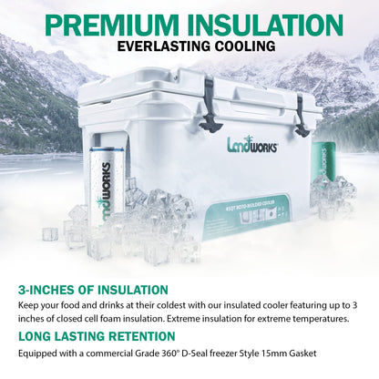 Landworks Rotomolded Ice Cooler 45QT Up to 5 Day Ice Retention Commercial Grade Food Safe Dry Ice Compatible UV Protection 15mm Gasket Bottle Openers Low Profile Latches