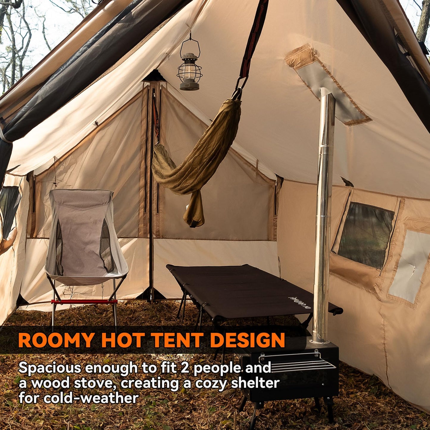 Zoring Hammock Hot Tent with Stove Jack - 4 Season Winter Tent with Snow Skirt, PU3000mm Waterproof Cold Weather Wall Shelter with Big Mesh Door/Windows for Backpacking, Camping, Hiking (No Poles)
