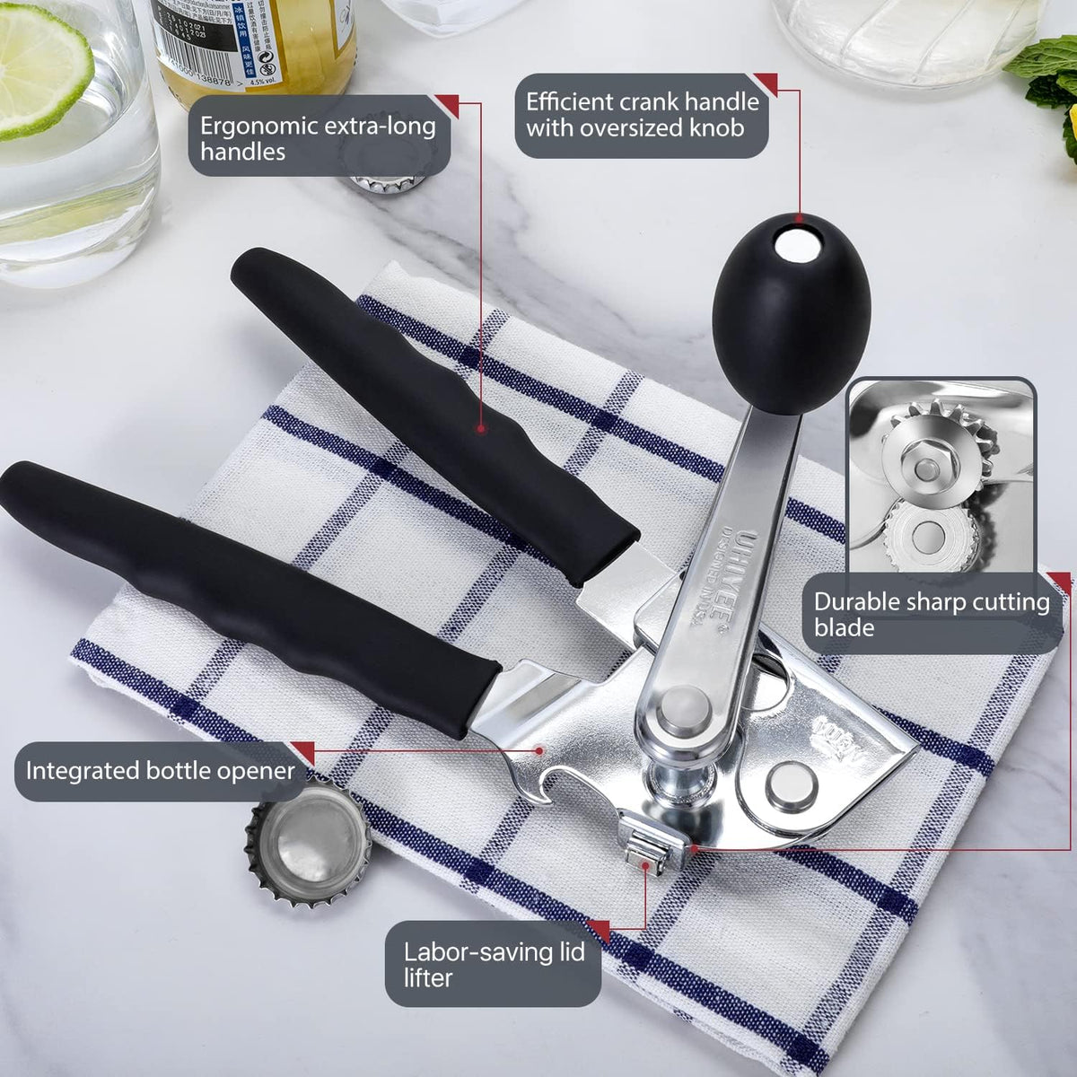 UHIYEE Heavy-Duty Manual Can Opener - Comfortable Extra-Long Handles & Oversized Knob | Black