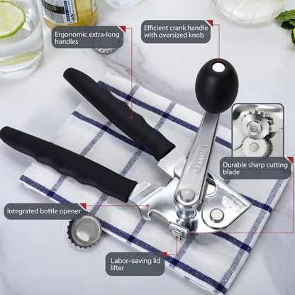 UHIYEE Heavy-Duty Manual Can Opener - Comfortable Extra-Long Handles & Oversized Knob | Black