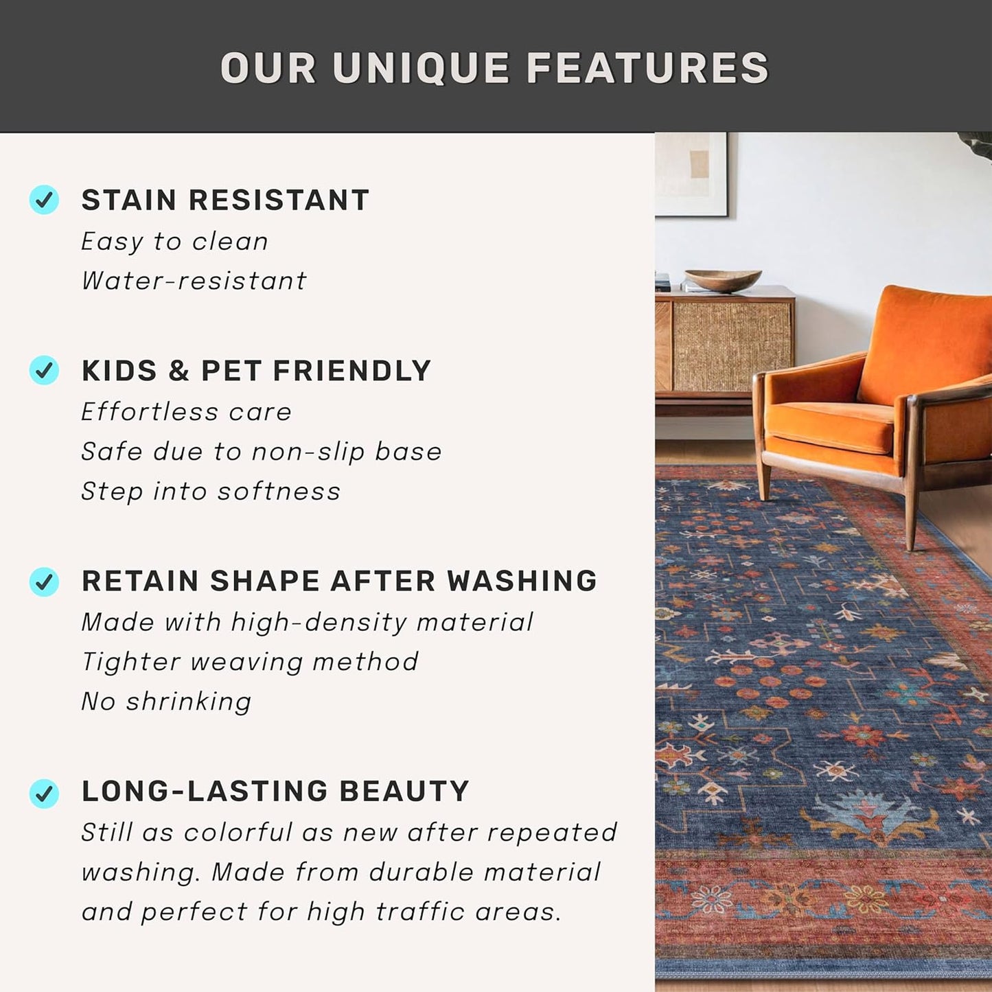 Skiennix Washable Kitchen Rugs - Stain Resistant Non-Slip Area Rug for Entryway | 3x4 Navy Blue Boho Décor