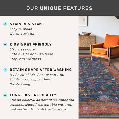 Skiennix Washable Kitchen Rugs - Stain Resistant Non-Slip Area Rug for Entryway | 3x4 Navy Blue Boho Décor