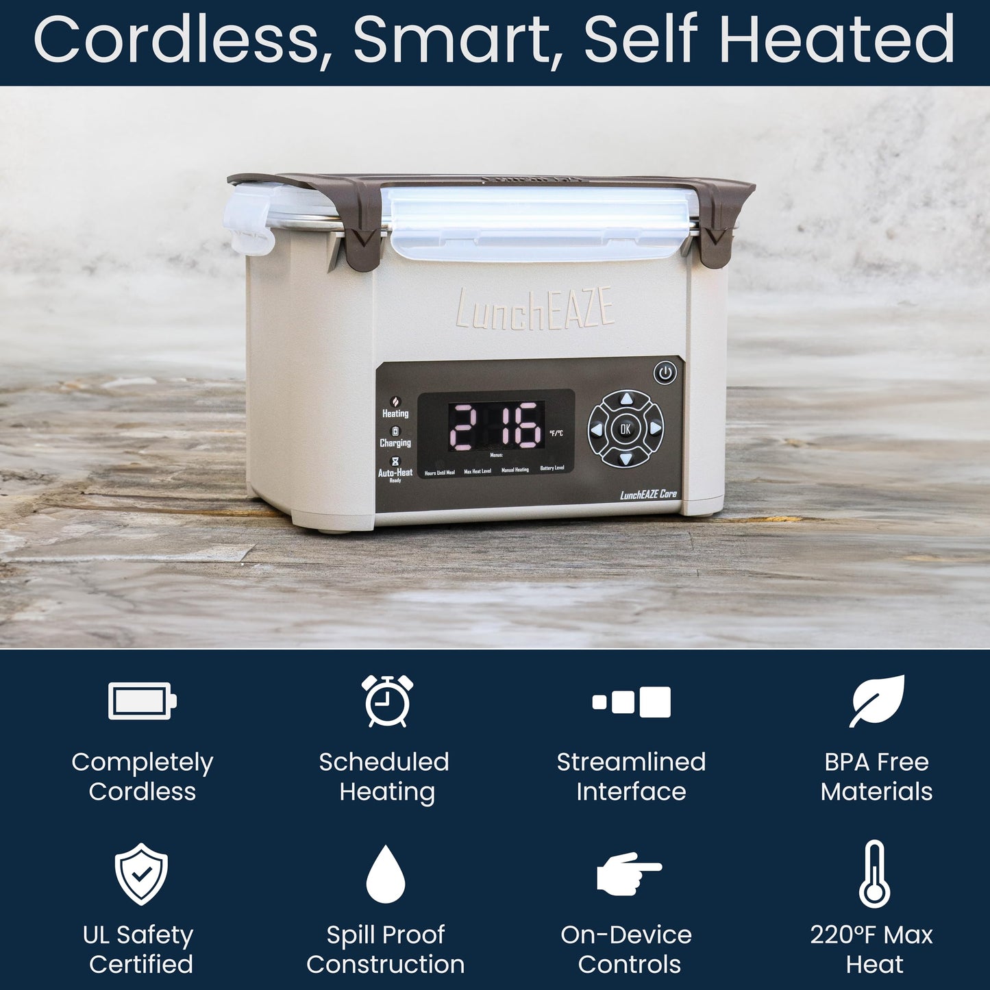 LunchEAZE Core Gen 2 Cordless Heated & Electric Lunch Box – Battery-Powered, 4-Cup Capacity, 220°F, Automatic Scheduled Heating for Hot Meals Anywhere