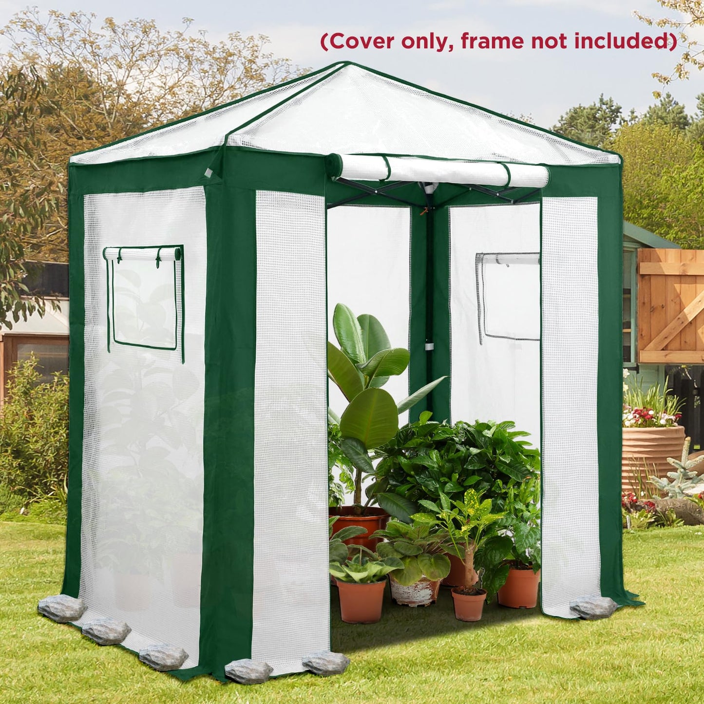 EAGLE PEAK Replacement Cover for 6x4 Portable Pop up Greenhouse with Polyester Reinforced Corners, Front Roll-Up Zipper Entry Door and 2 Roll-Up Side Windows (Frame Not Included), Green/White