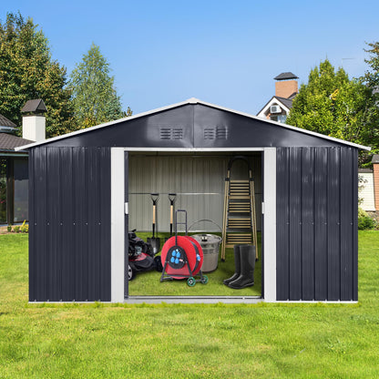 KEIKI 10.6 x 11.2FT Outdoor Storage Shed with Window, Sliding Door, Sloped Roof，Metal Garage Tool Bike Sheds for Backyard, Garden, Patio, Lawn,Gray