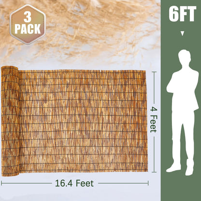 Barydat 3 Pcs 4 x 16.4 ft Reed Fence Roll, 85% Shade Bamboo Privacy Screen, Natural Decorative Reed Fencing for Outdoor Garden Backyard Patio Balcony