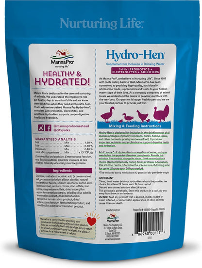 Manna Pro Hydro-Hen Poultry Electrolyte & Probiotic Supplement - Hydration Support for Chickens & Ducks | 20 oz