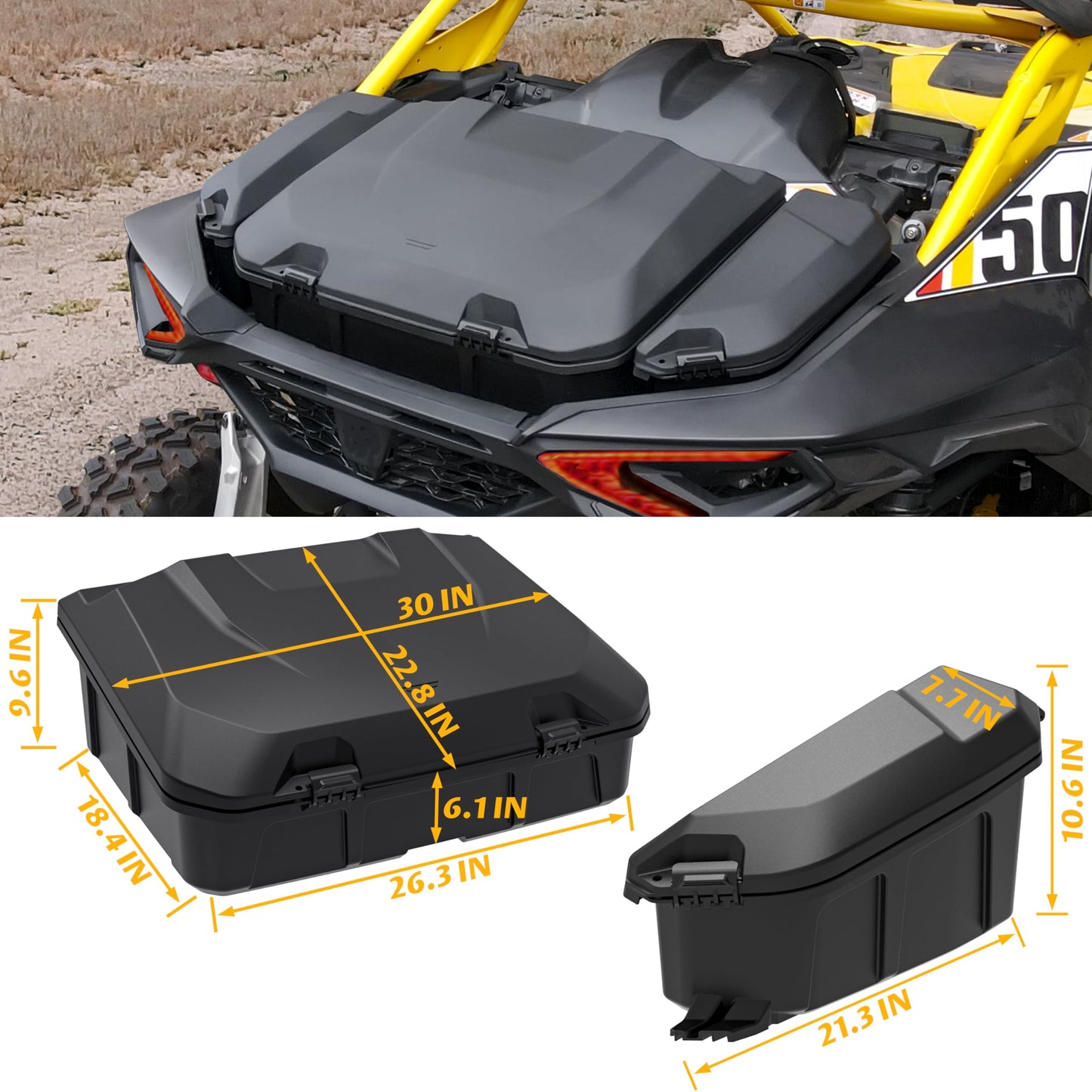 SAUTVS Poly Water Resistant Large Capacity Rear 96L Storage Cargo Trunk Box & 13.5L Side Cargo Storage Boxes Set for Can-Am Maverick R MAX X RS 2024+ Accessories (3PCS, Replace #715007182, 715007372)