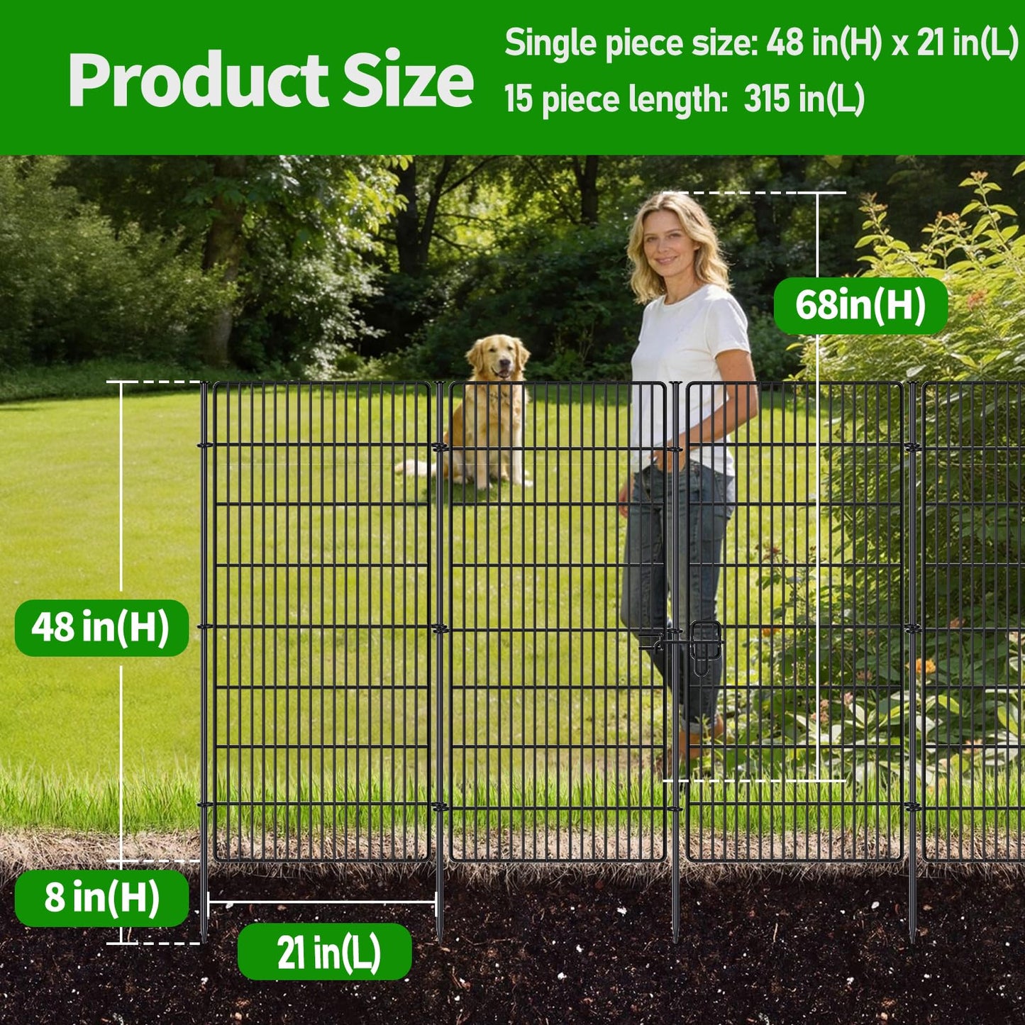 15 Panels No Dig Decorative Garden Fence - 48 in (H) x 21 ft (L), Tall Garden Fences - Dog Fence Outdoor for Yard, Rustproof Metal Animal Barrier Ground Stakes Fencing for Garden, Patio