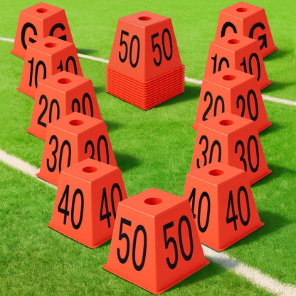 Motionchic Set of 11 Football Field Yard Line Markers Orange High Visibility Stackable Portable 4 Sided Field Yardage Markers for Football Training